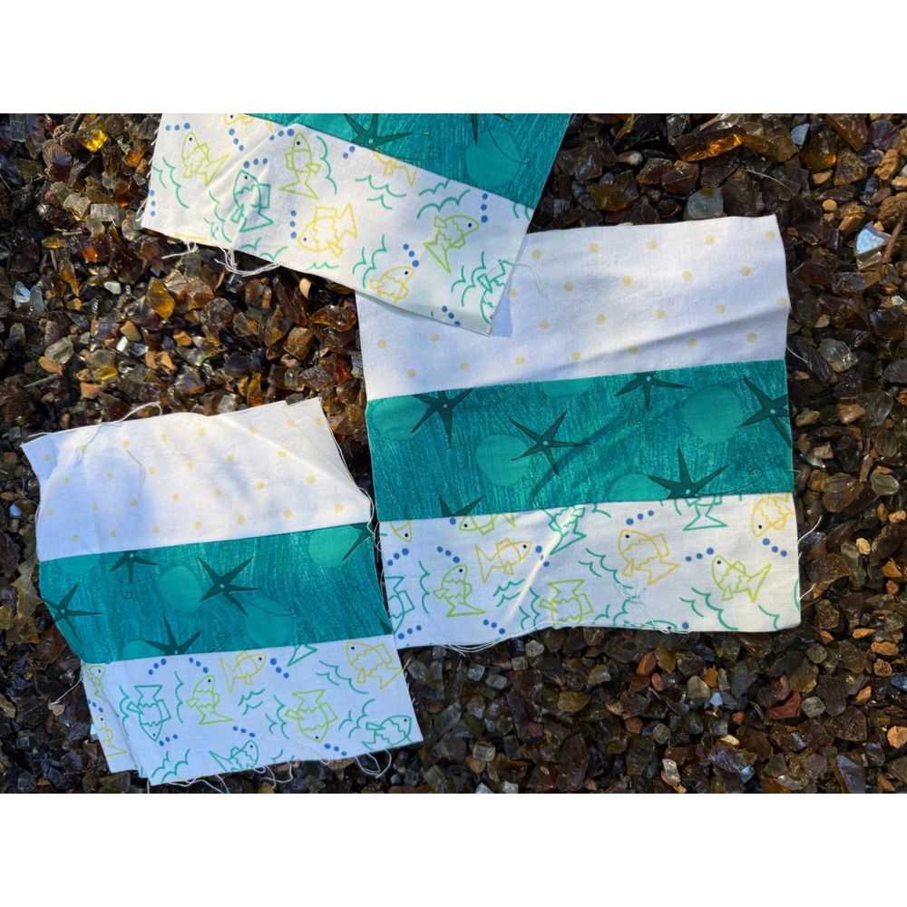 1.a.a.18 3 Vtg Quilt Blocks Fish Starfish Teal 6.5" Square Pieced Sewing Craft